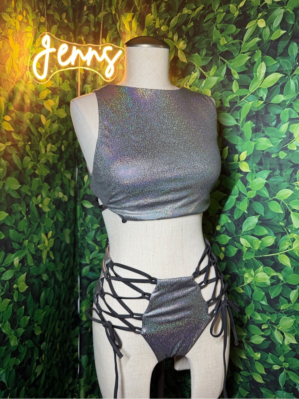 Holographic Iridescent Crop Top & Lace-Up High-Waist Bottom Set